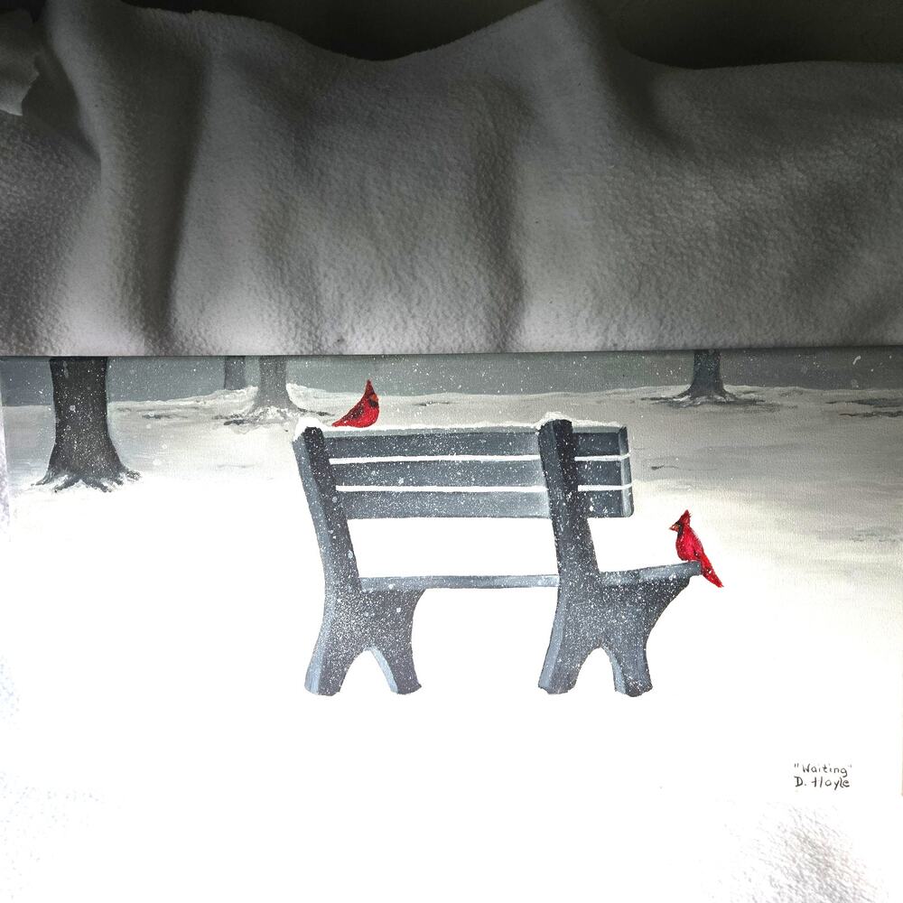 Unframed hand painted cardinals in the snow. 20"x10" Waiting By D. Hoyle